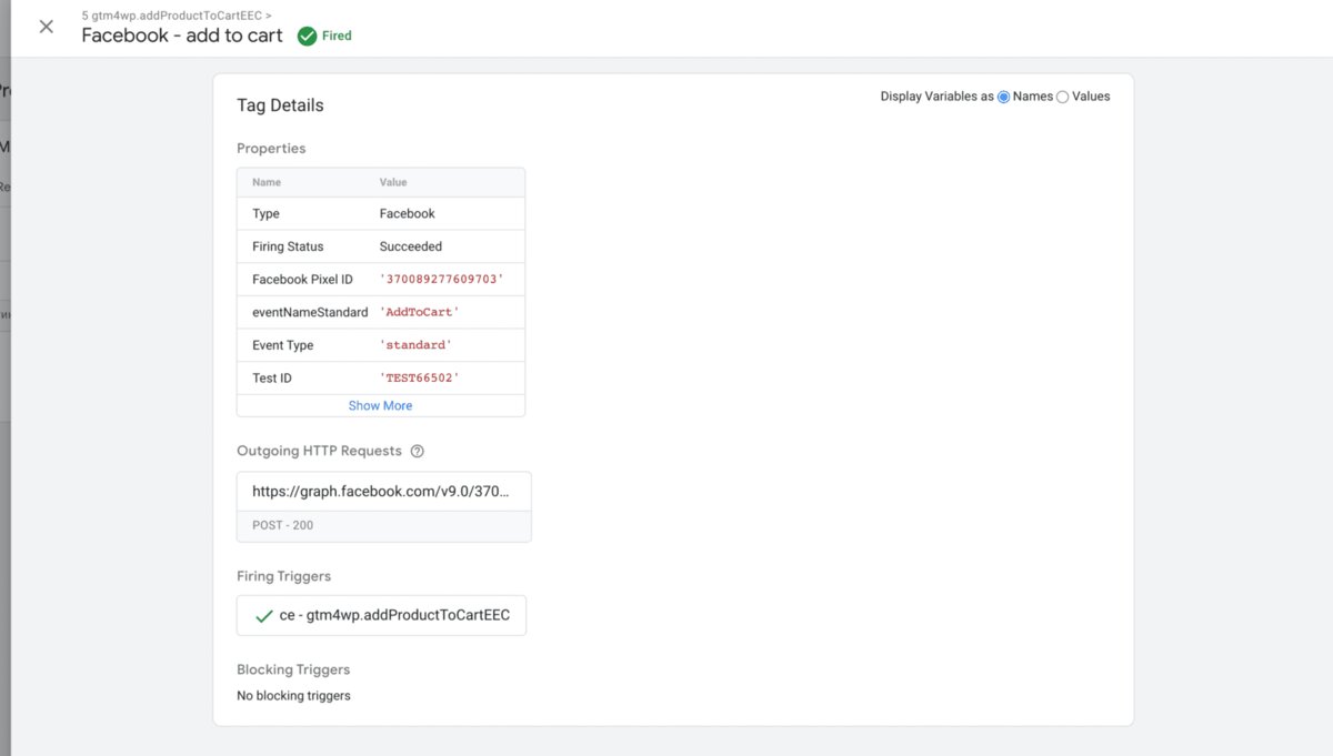 Print do Google Tag Manager: tag Facebook disparada com requisição POST 200 para a API da Meta